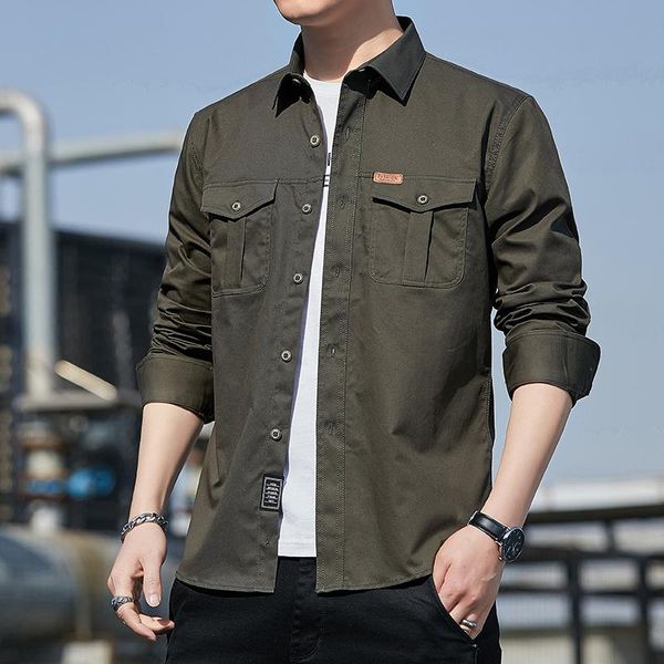 

men's casual shirts long sleeve military style cargo tactical work shirt cotton men outdoor double chest pocket, White;black