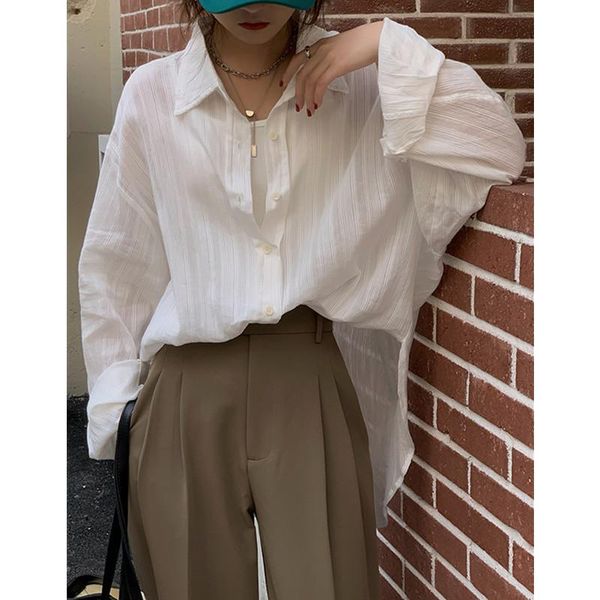 

women's blouses & shirts real s 2021 summer pure color temperament wild loose casual lapel shirt women, White