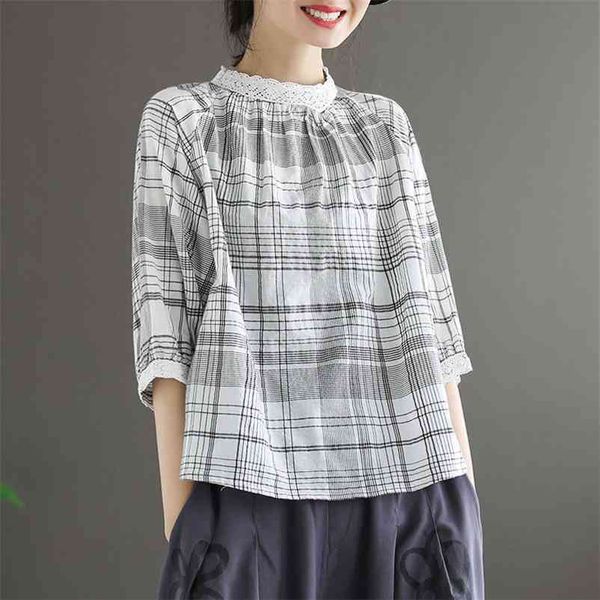

summer new arts style women half sleeve loose t-shirt cotton linen plaid vintage tee shirt lace stand collar femme s795 210330, White