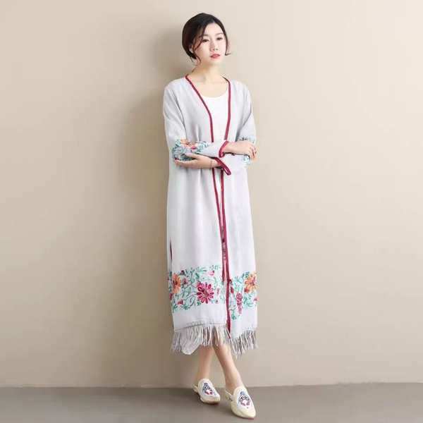 

ethnic clothing geskeey summer style female tassels long covered light thin ventilation rash guards nine split sleeves, Red