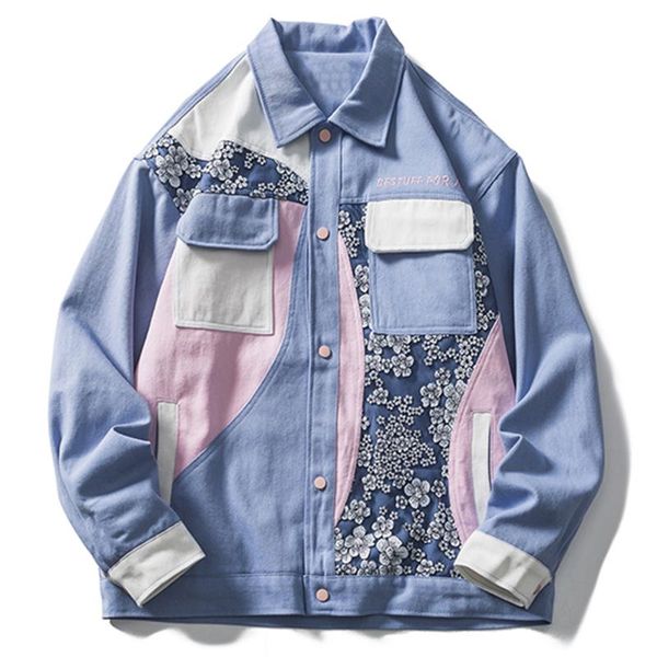 

men's jackets lacible casual denim men harajuku hip hop embroidery flowers front pockets color block patchwork jacket coat streetwear, Black;brown