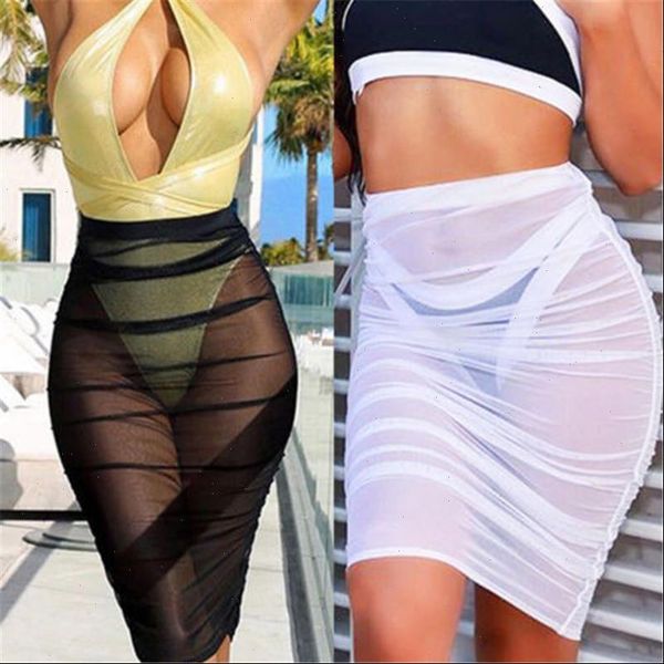 

summer waist layer beachwear swimwear womens skirt high plain bikini cover ups see through perspective sun pencil, Black