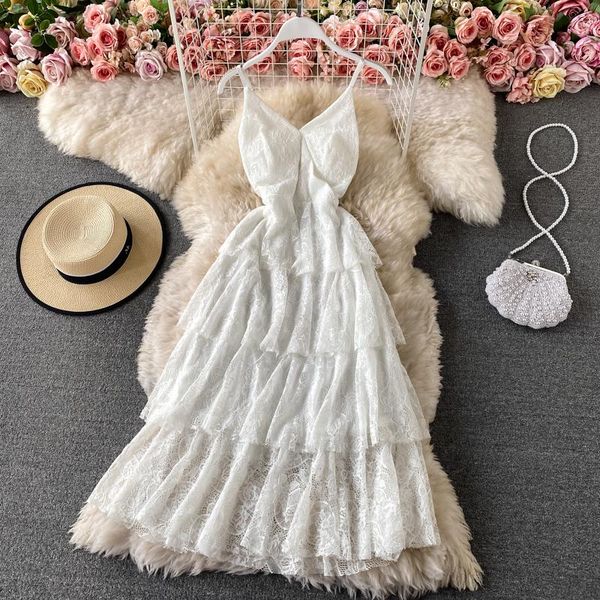 

summer korean slim v-neck sling cake open back lace dress high waist long casual dresses, Black;gray