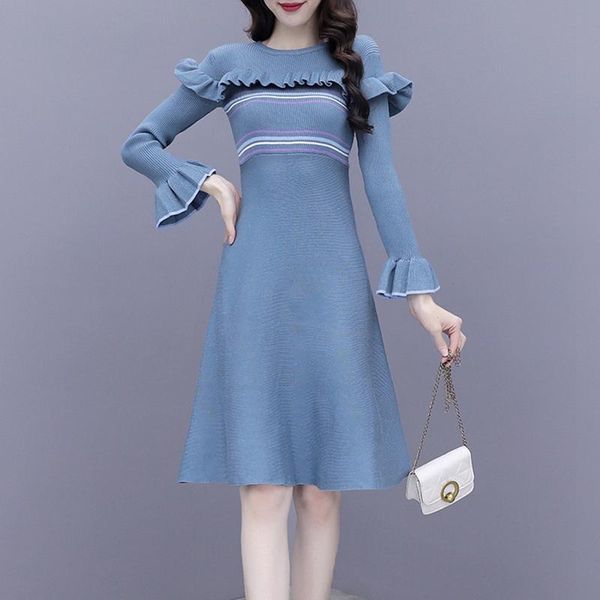 

casual dresses arrival autumn winter knitted sweater dress women flare sleeve striped sweet ruffle elegant vestidos, Black;gray