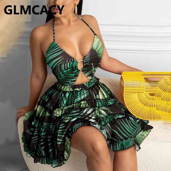 

halter deep-v tropical printed dress backless summer dress 210702, Black;gray
