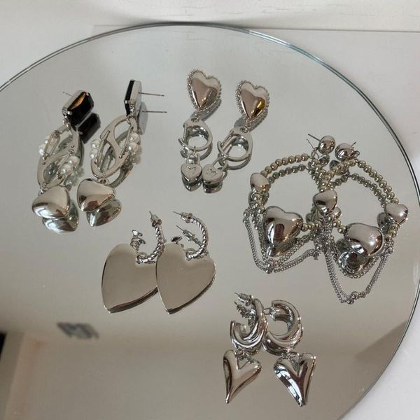 

dangle & chandelier fflacell korea fashion zircon pearl exaggerated metal heart irregular splicing chain drop earrings for women girl party, Silver