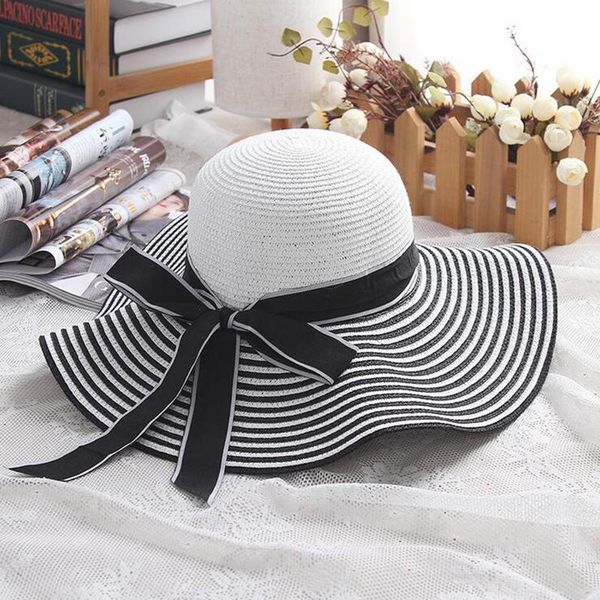 

wide brim hats 2021 fashion hepburn wind black white striped bowknot summer sun hat beautiful women straw beach large brimmed cap, Blue;gray