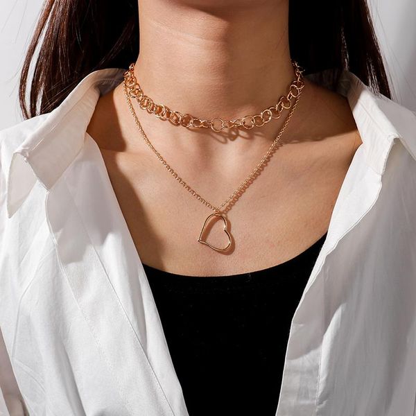 

pendant necklaces multi-layer hollow love heart pendants choker necklace for women fashion chunky chain mujer jewelry gifts, Silver