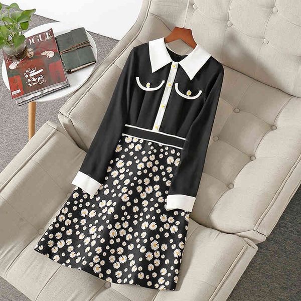 

casual dresses spring long sleeve lapel neck black floral print panelled buttons knee-length dress elegant nj112012296 jal5, Black;gray