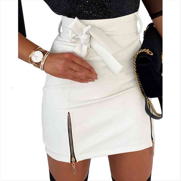 

women summer skirt pu leather bow sashes decorated split solid color high waist motor above knee fashion mini skirt, Black