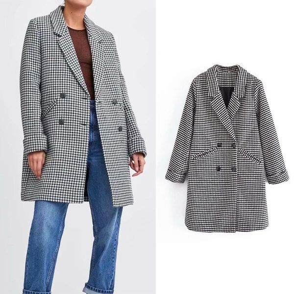 

women's wool & blends 2021 autumn plaid zar mid-length jacket fashionable temperament houndstooth coat suit collar pocket was formal, Black