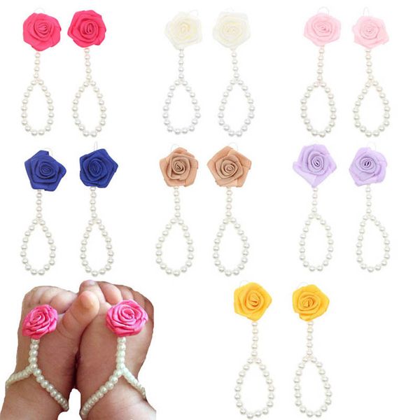 

girls hair accessories baby anklets shoes accessory feet decorated pearl rose flower elastic foot sandals newborn pgraphy props bracelet b73, Slivery;white