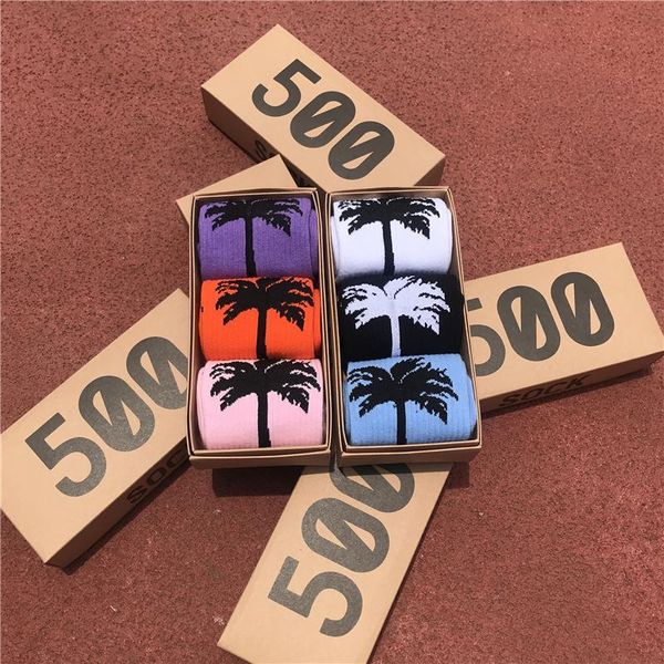 

men's socks autumn 3 pairs/box fashion hip hop match tidal youth male tide street 6 color coconut tree print, Black