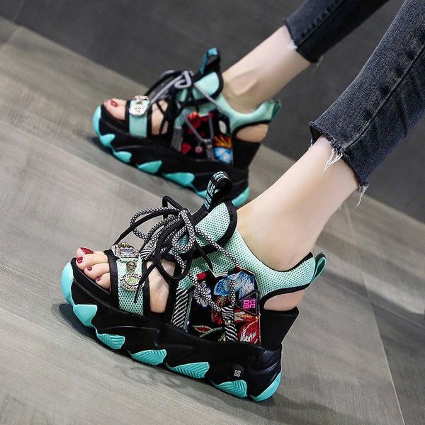 

dress shoes wedge sandals women's summer 2021 flower thick-soled muffins in increased roman 10cm, Black
