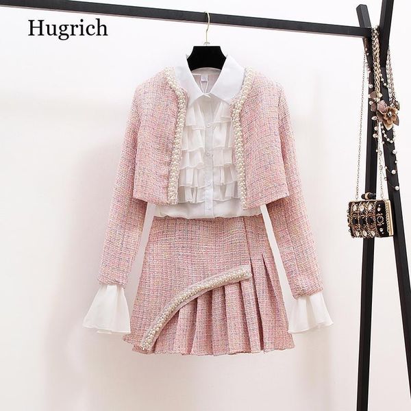 

two piece dress women 3 set fashion elegant coat skirt shirt three suit tweed autumn winter 2021, White