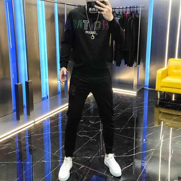 

hoodies male autumn custom thin letter crew neck sweater two suit men's clothing, Black