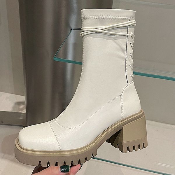 

boots retro casual women ankle genuine leather high heels autumn winter lace-up shoes woman 5mfq, Black