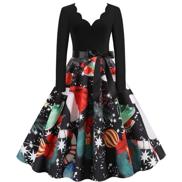 

hepburn dresses women's casual style stitching long sleeve burnt flower large swing printed dress, Black;gray