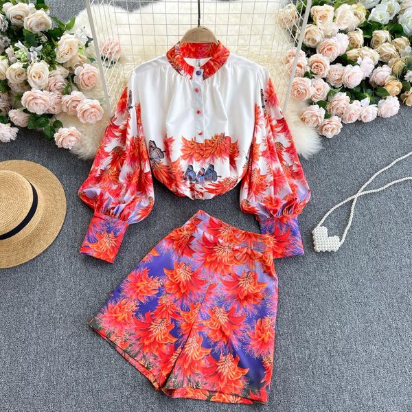 

women's tracksuits plus size fashion suit retro print lantern sleeve loose shirt high waist wide leg shorts two-piece set, Gray