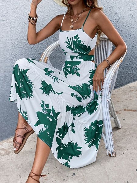 

floral print tie back cami dress s1f2#, Black;gray