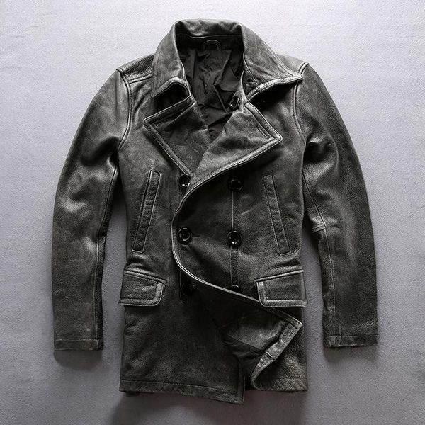 

read description a1657 asian size super quality excellent cow leather winter jacket men's classic cowhide pea coat & faux, Black