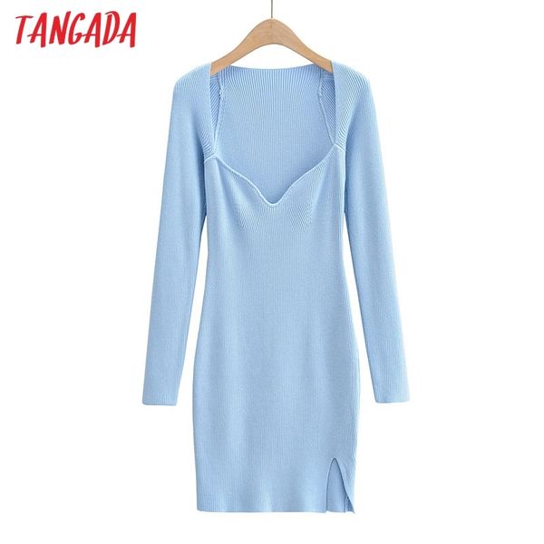 

fashion women solid square collar sweater llong sleeve ladies side open mini dress 4p21 210416, Black;gray