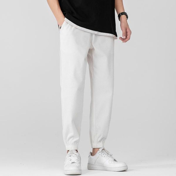 

men's pants corn plaid casual ankle-tied sports loose straight waffle sweatpants cargo men, Black