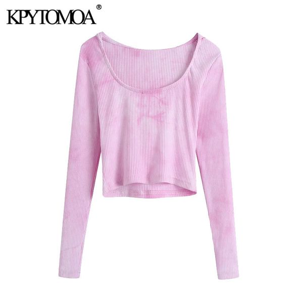 

women fashion tie-dye print cropped ribbed blouses vintage hooded long sleeve female shirts chic 210416, White