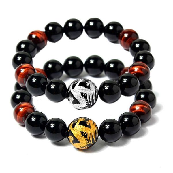 

red tiger eye men's black agate single loop bracelet dragon bead buddha bracelet