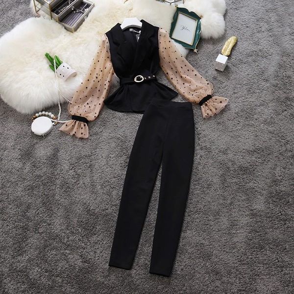 

women's two piece pants amolapha women ol style workwear clothes sets notched collar polk patchwork +high waist straight trousers 2pcs, White