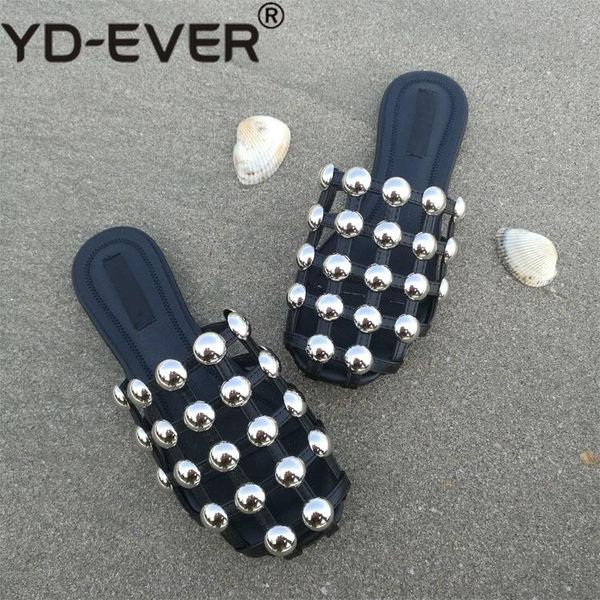 

slippers pu leather slip on round toe bead caged plus size casual black beige flat women slides summer beach mules sandals