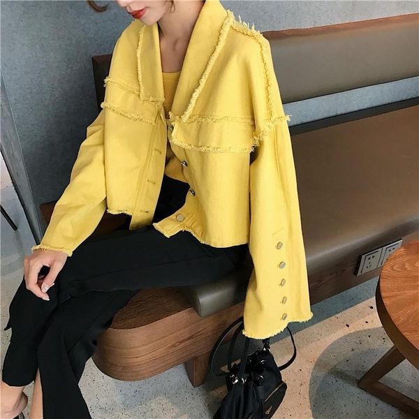 

women's jackets autumn for woman ripped turn down long sleeve coat female outerwear baggy crop yellow os075 v0ht, Black;brown