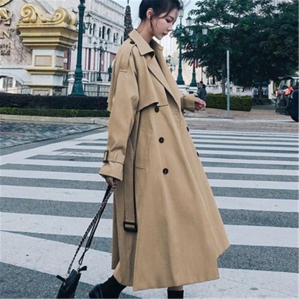 

women's trench coats khaki windbreaker elegant casual slim-fitting female for spring korean coat autumn and winter button waist tie lad, Tan;black