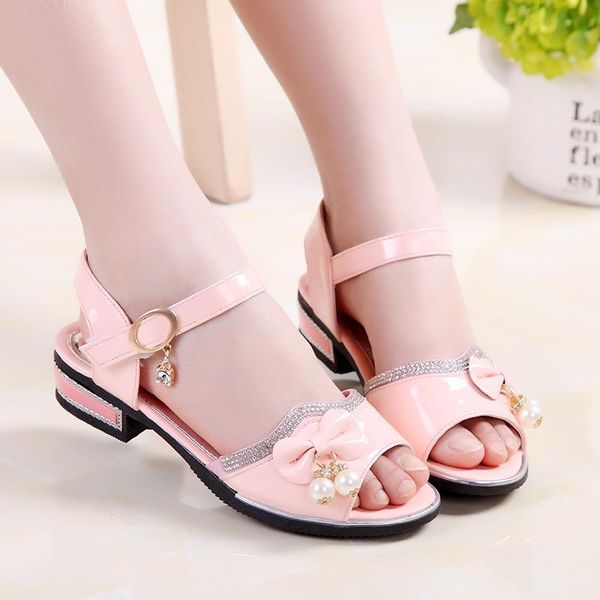 

sandals summer girls children bowknot pearl rhinestone party princess shoes fashion comfortable students kids, Black;red