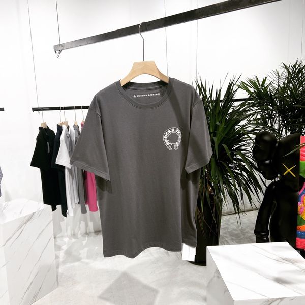 

summer new ch crosin cement grey horseshoe sanskrit short sleeve men's and women's loose round neck classic cross t-shirt kdo6, White;black