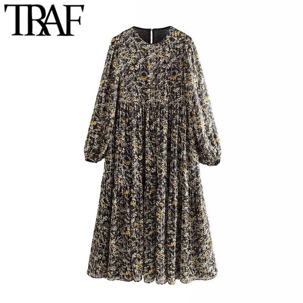 

women vintage elegant floral print pleated midi dress chic fashion o neck long sleeve female dresses vestidos mujer 210507, Black;gray