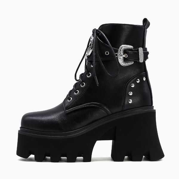 

boots arden furtado 2021 winter black short zipper metal decoration chunky heels fashion rivet platform women's shoes cross tied