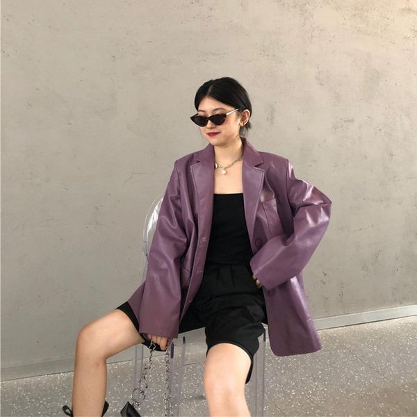 

women's leather & faux streetwear purple plus size pu jacket lapel long sleeve loose fit women coat fashion spring fall 2021 casacas pa, Black