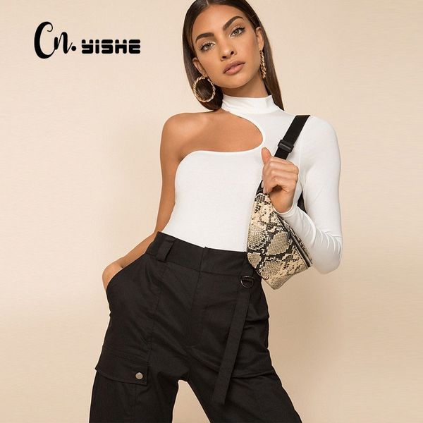 

cnyishe fashion halter one shoulder casual rompers women bodysuits cut out skinny jumpsuits women rompers overalls catsuit 210401, Black;white