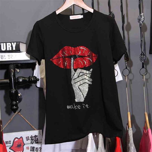 

loose cotton drilling black t-shirts women short sleeve summer breathable korean version tees diamonds trend 210720, White