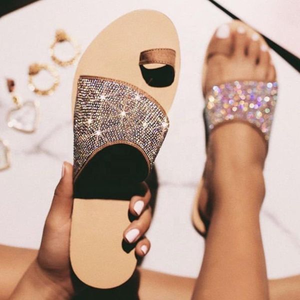 

cheetah flat style slippers women toe ring shoes sandals bling diamonds clip slides, Black