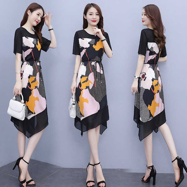 

end high dign drs women's summer 2021: style with thin waist and chiffon floral skirt, Black;gray