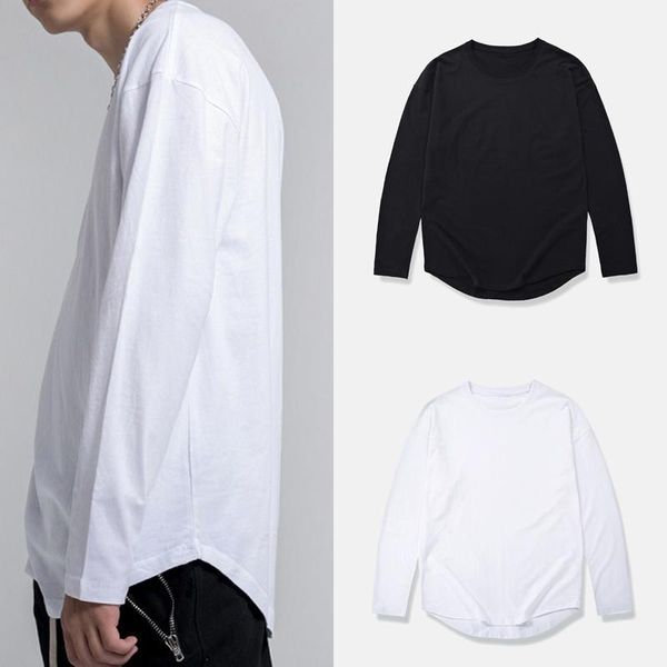 

men's t-shirts hip hop streetwear men's t shirt swag hem solid color tshirt men autumn long sleeve t-shirt loose tees o-neck male, White;black