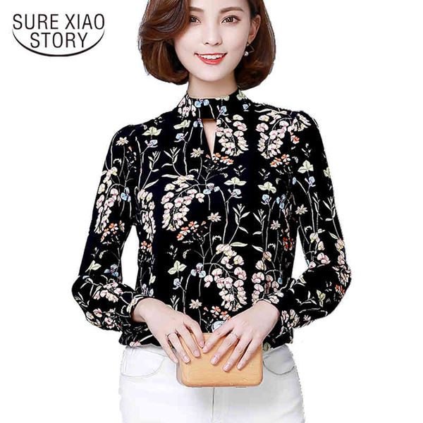 

arrived spring blouse women printed chiffon shirt female long sleeved bottoming slim clothing d237 30 210521, White