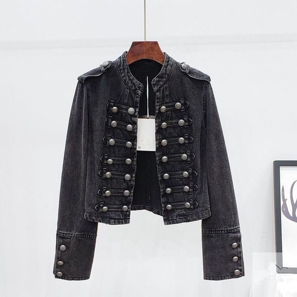 

women's jackets autumn vintage style stand collar black denim jacket women outerwear korean fashion double-breasted slim short jeans co, Black;brown