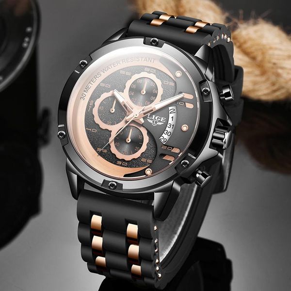 

wristwatches reloj hombre 2021lige brand quartz men watches fashion genuine silicone chronograph watch clock for gentle male students, Slivery;brown