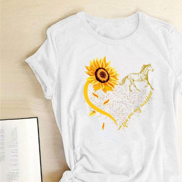 

sunflower horse heart women t shirt printed shirts summer aesthetic clothes vogue cotton graphic tees, White
