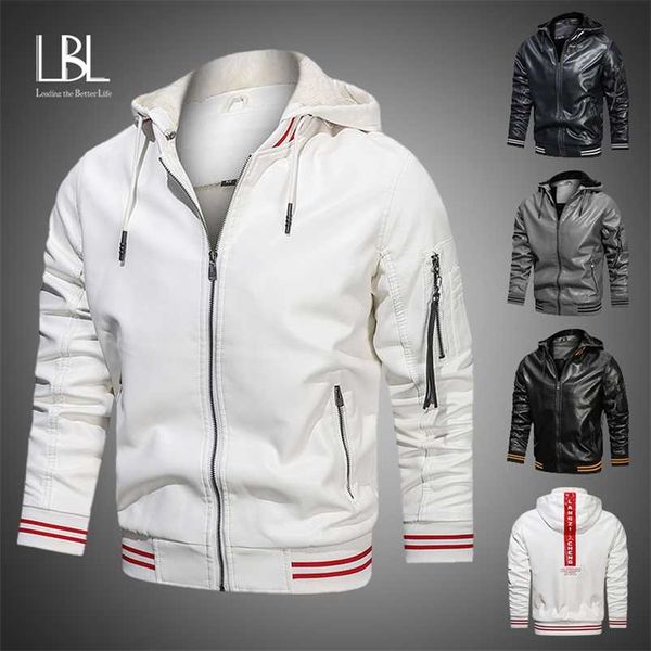 Homens Outono Moda Com Capuz Bordado Casaco De Couro Casaco de Inverno Motor Casual Motociclista Vintage Pu Faux Couro Casacos 211111