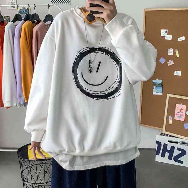 

spring autumn harajuku s hoodi korean style trend print smiley pullover sweatshirt casual clothing loose hoodie men, Black