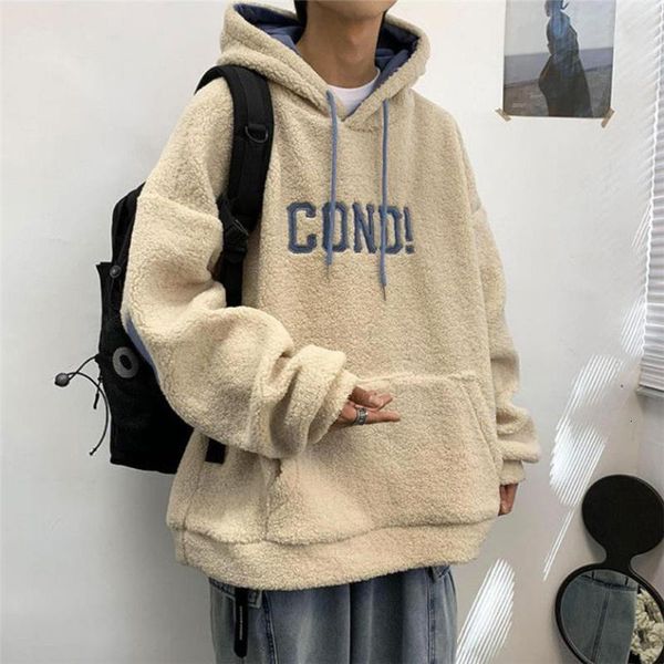 

& men's hoodies sweatshirts men autumn winter warm lamb wool hooded 2021 solid baggy male wild thicken outdoor pullover plus size, Black